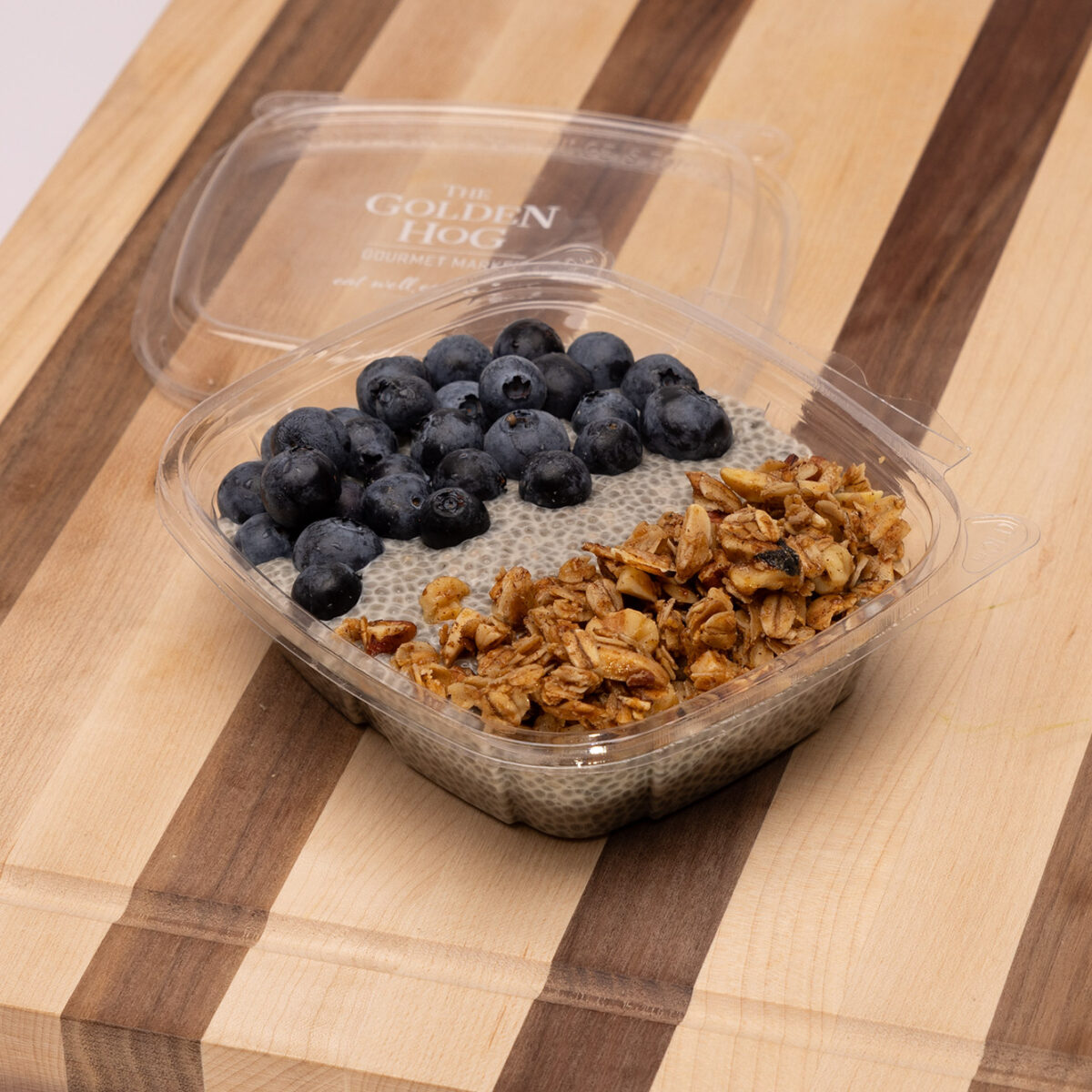 CHIA PUDDING + BLUEBERRIES + GRANOLA