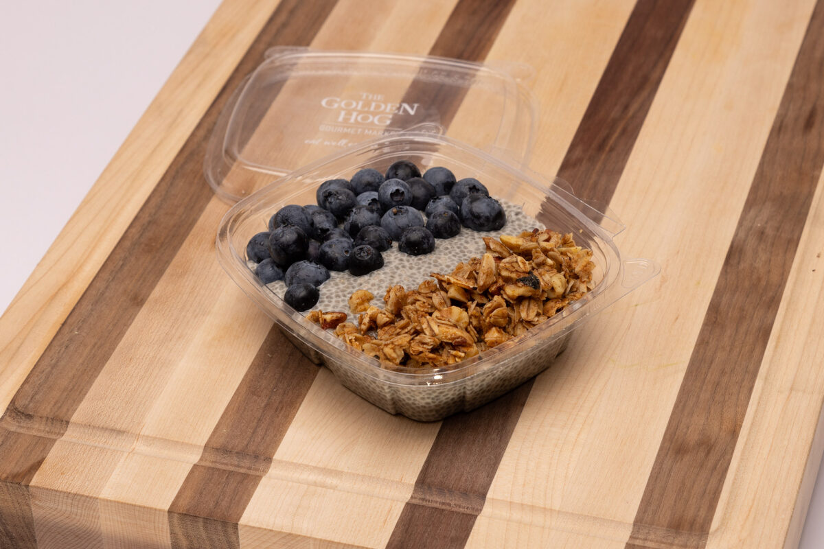 CHIA PUDDING + BLUEBERRIES + GRANOLA